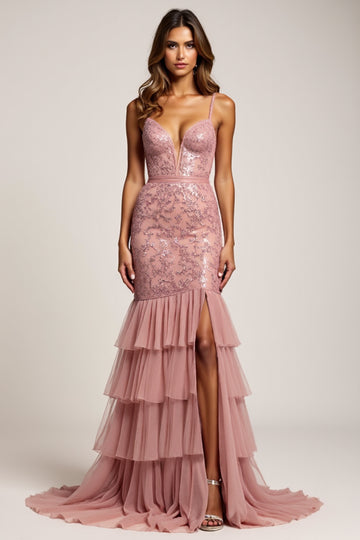 Dusty Rose Mermaid V-Neck Lace Prom Dress With Slit